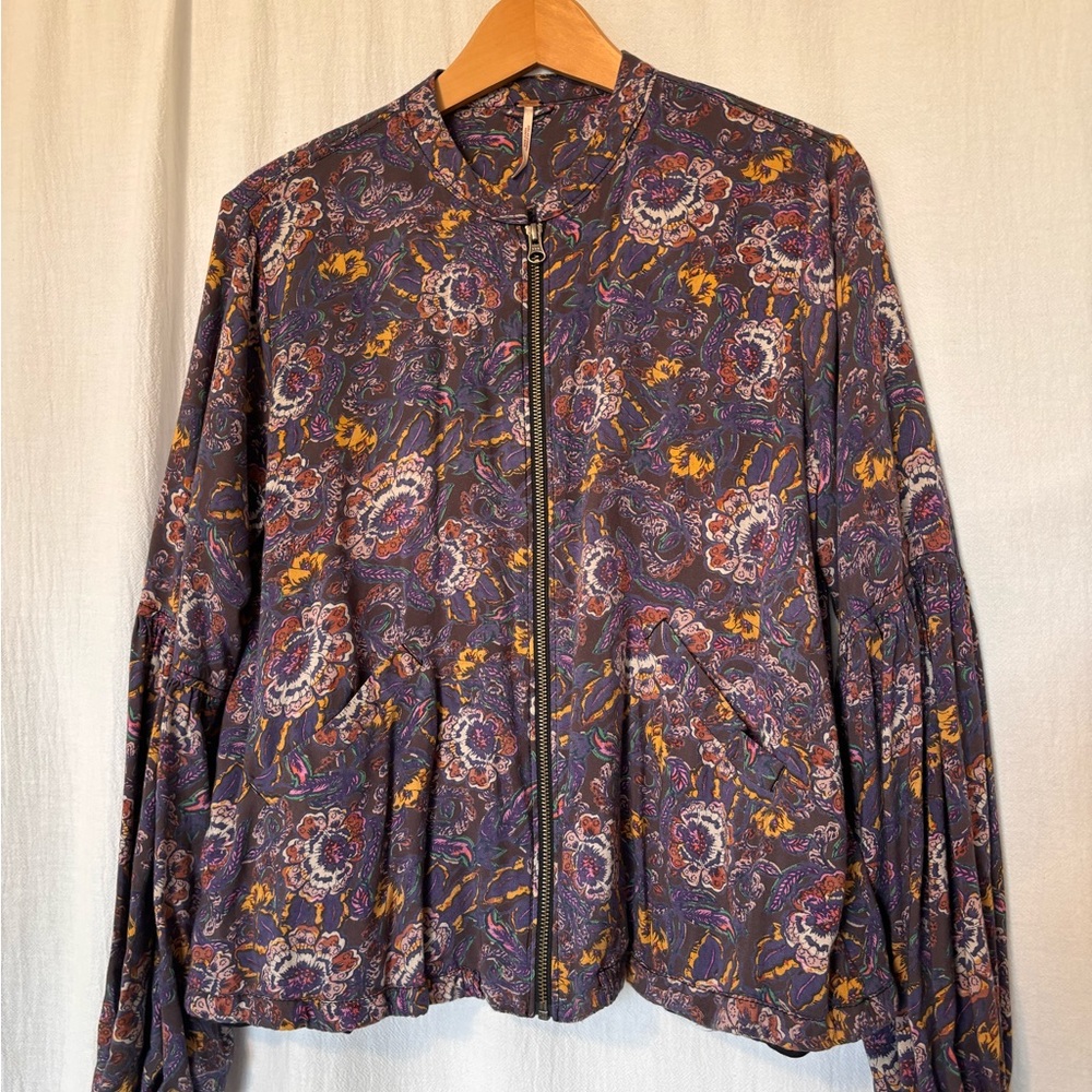 Free People Paisley Floral Bomber Jacket in Purple and Blue